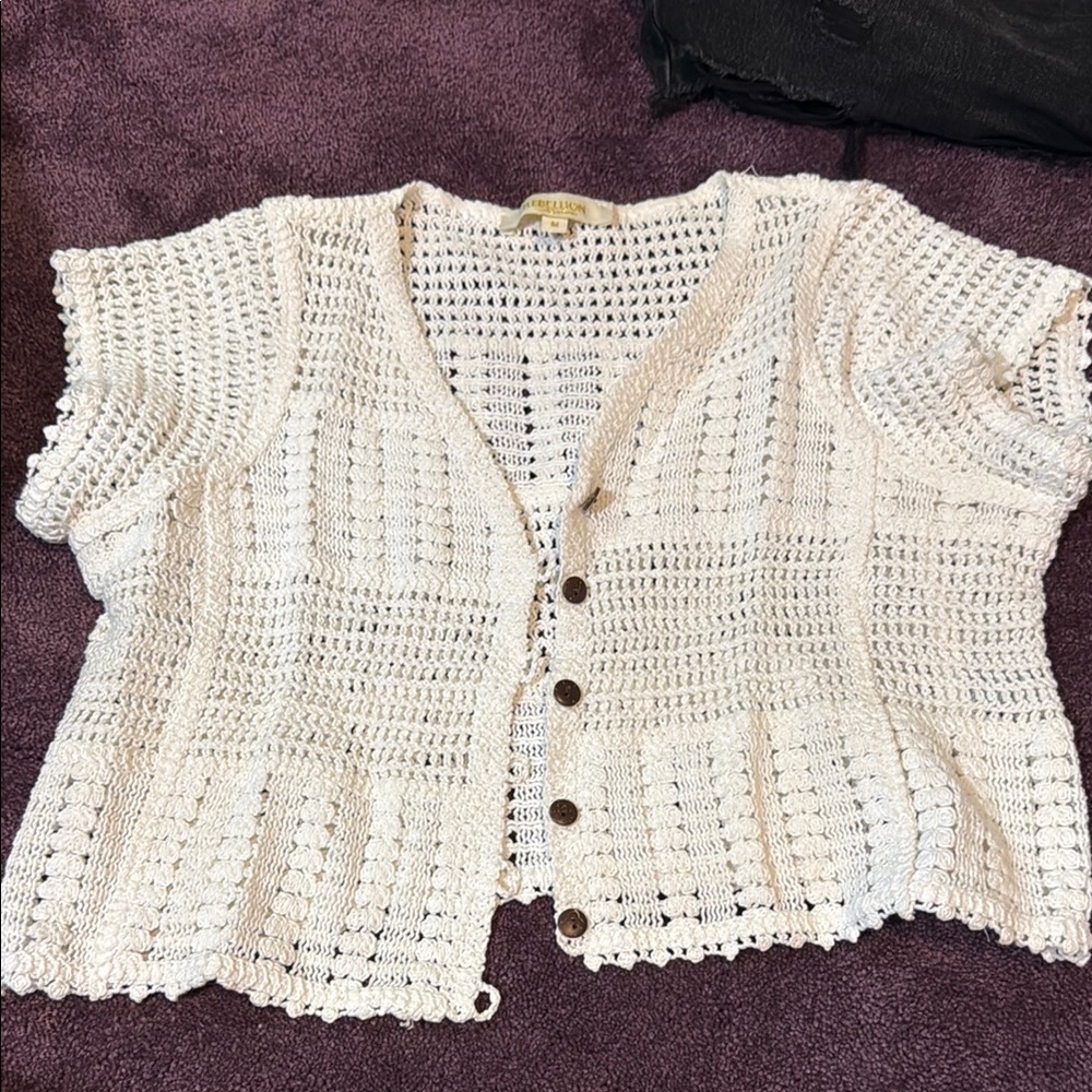 Cream Crochet Button-Up Cardigan
